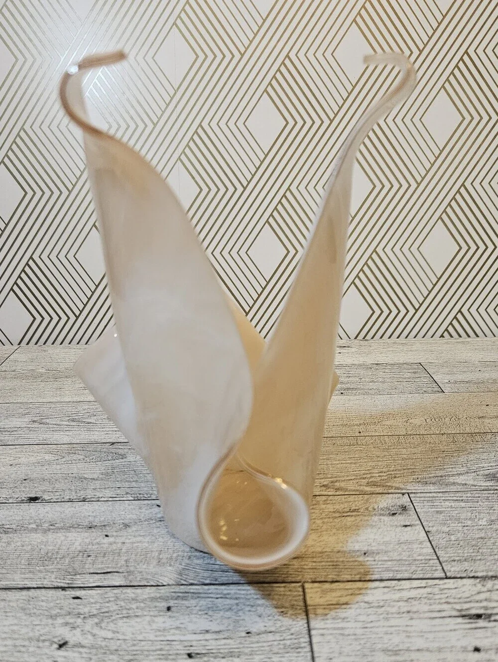 Handkerchief  Vase Candle Holder Abstract Pink And White Swirl Glass